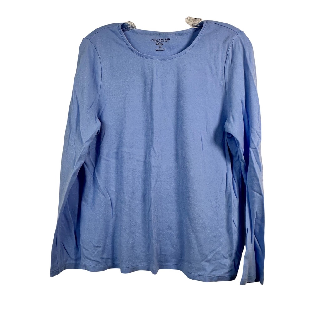 Charter Club Luxury Pima Cotton Long Sleeve Crew Neck Top Light Blue XL